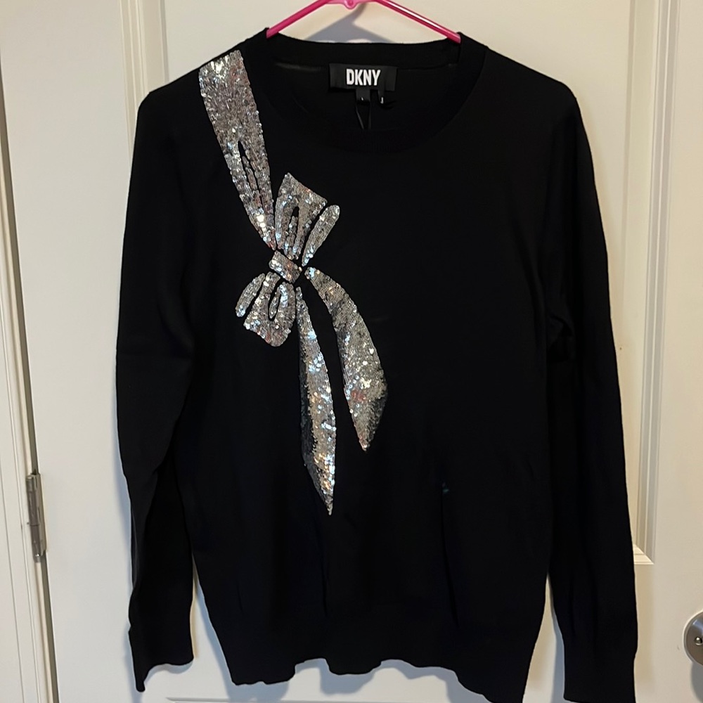 DKNY Black Sweater with Silver Sequin Bow